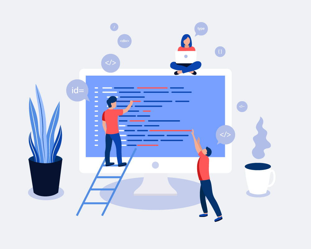 Illustration of programmers fixing code to improve security