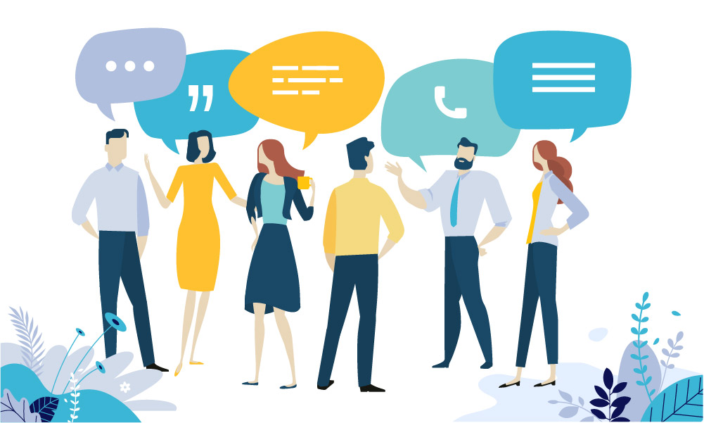 Communication graphic showing people with talk bubbles