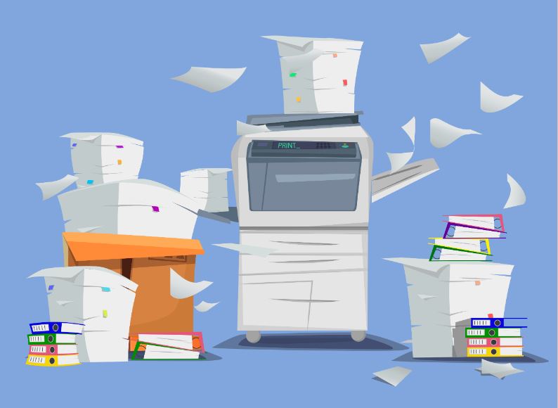 Graphic of a copy machine and stacks of paper