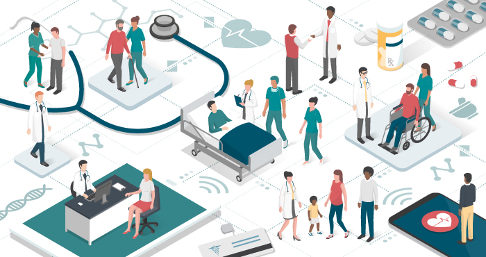 Graphic of doctors and patients surrounded by health information