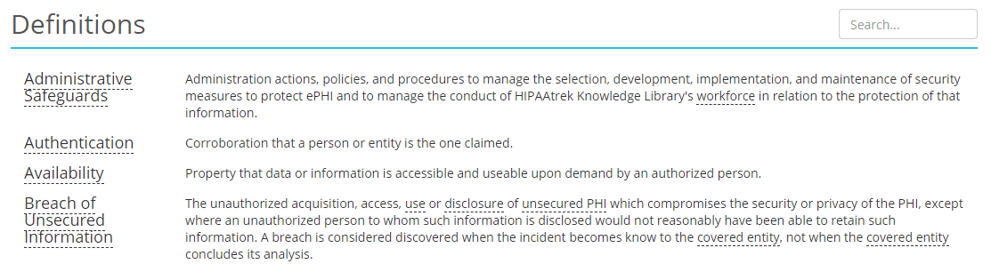 Screenshot of HIPAAtrek's Definitions module where several definitions are listed.