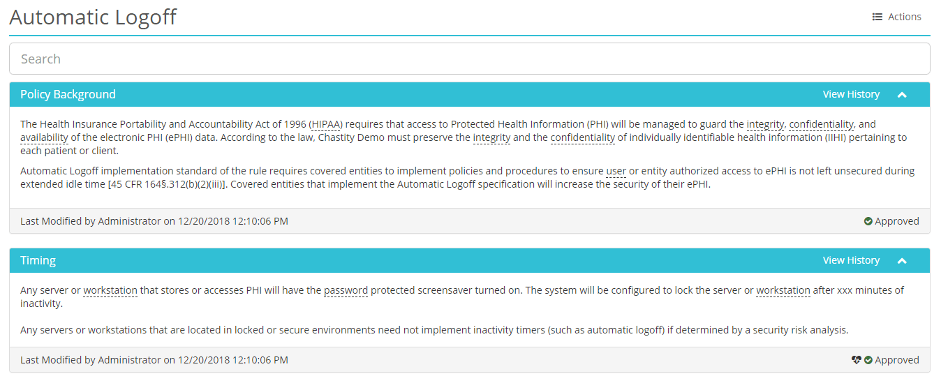 Screenshot of a policy in HIPAAtrek with procedure sections in blue.