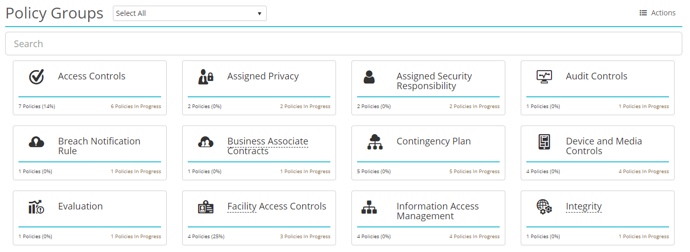Screenshot of HIPAAtrek's Policies module landing page, where policies are organized into groups.