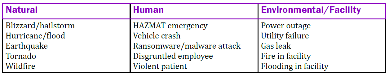 Natural threat sources include blizzards, floods, earthquakes, tornados, and fires. Human threat sources include a vehicle crash, ransomeware or malware, or a disgruntled employee. Environmental or facility threat sources include power outages, gas leaks, or fires or flooding in the facility.