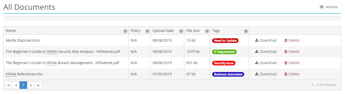 Screenshot of the documents landing page in HIPAAtrek.
